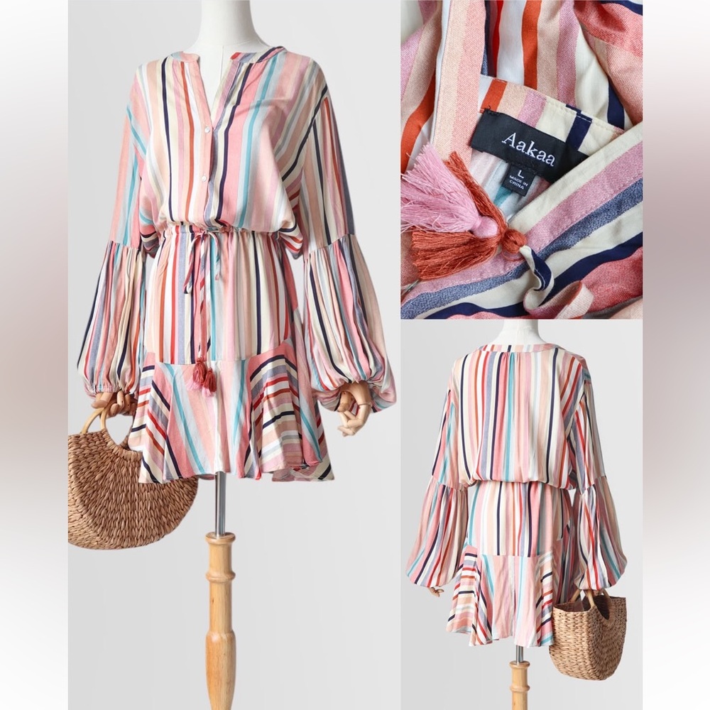 Aakaa Striped Balloon Sleeve Mini Dress Pink Blue Tassel Tie Waist Small‎